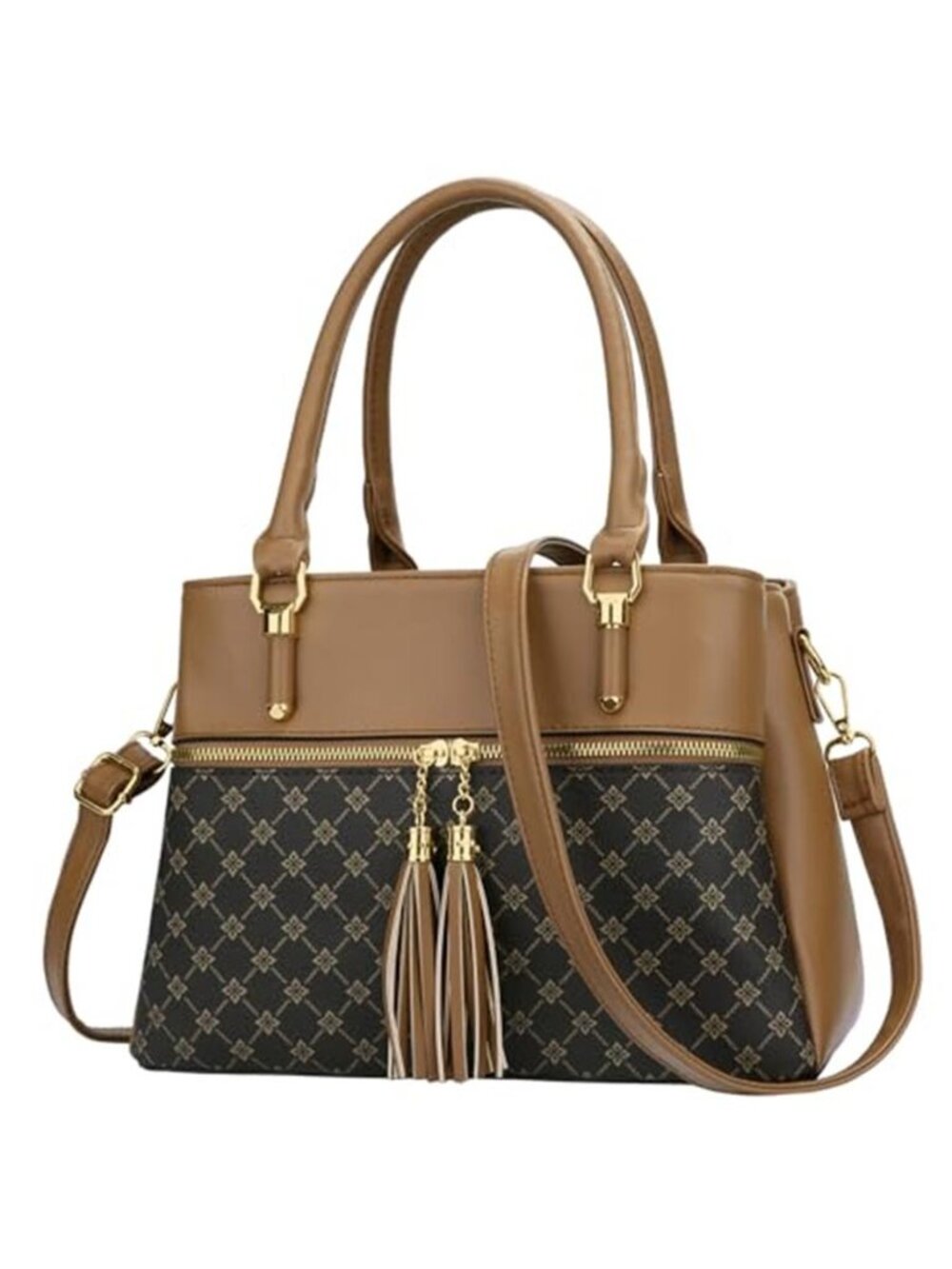 Women Brown Floral Satchel Purse PU Leather Crossbody Shoulder Bag Multi Pocket